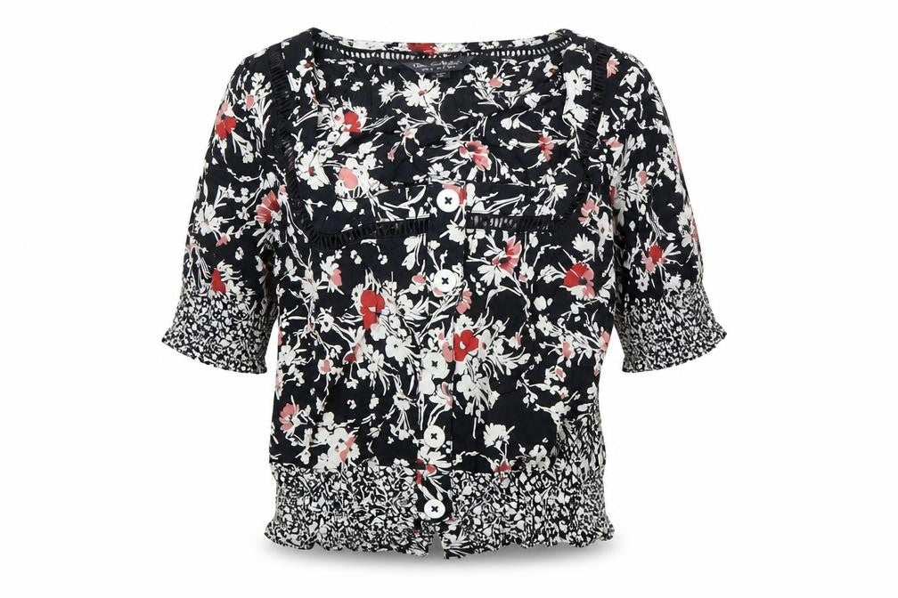 Front view of Jane Schofield women’s black floral cotton tunic blouse uk 8