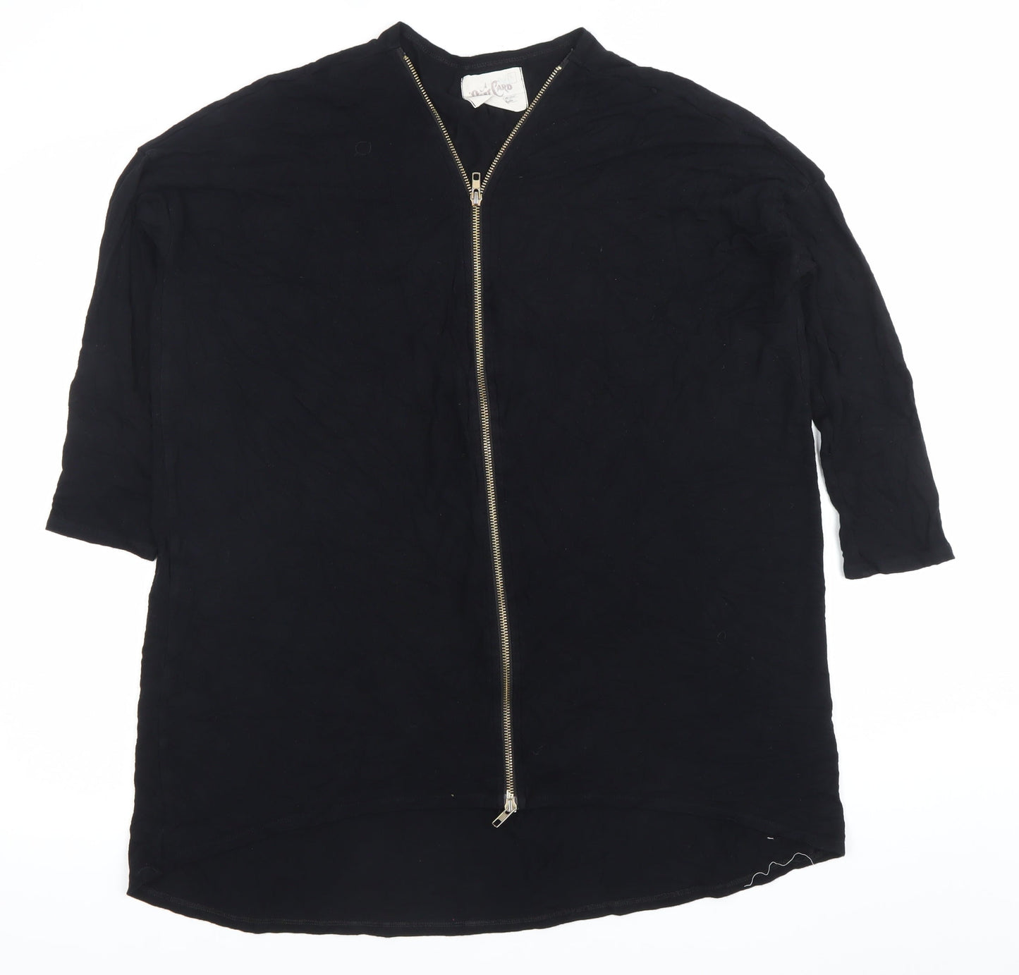 Post Card Womens Black Tunic Blouse L V-Neck Zip 3/4 Sleeve Jersey