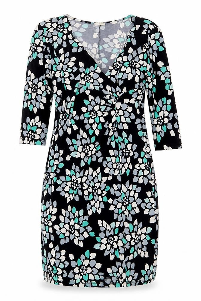 Minuet Petite Womens Black Floral V-Neck Sheath Dress Size 14