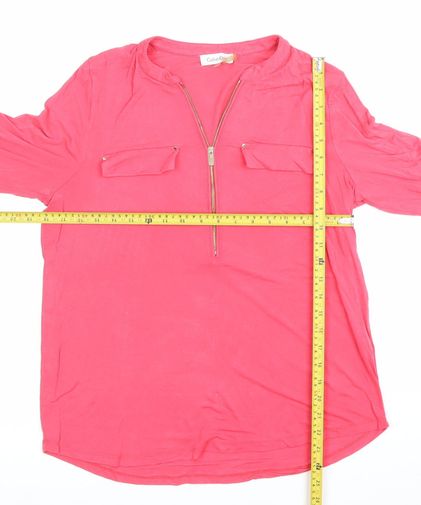 Calvin Klein Womens Pink Tunic Blouse Size M 3/4 Sleeve Zip Front