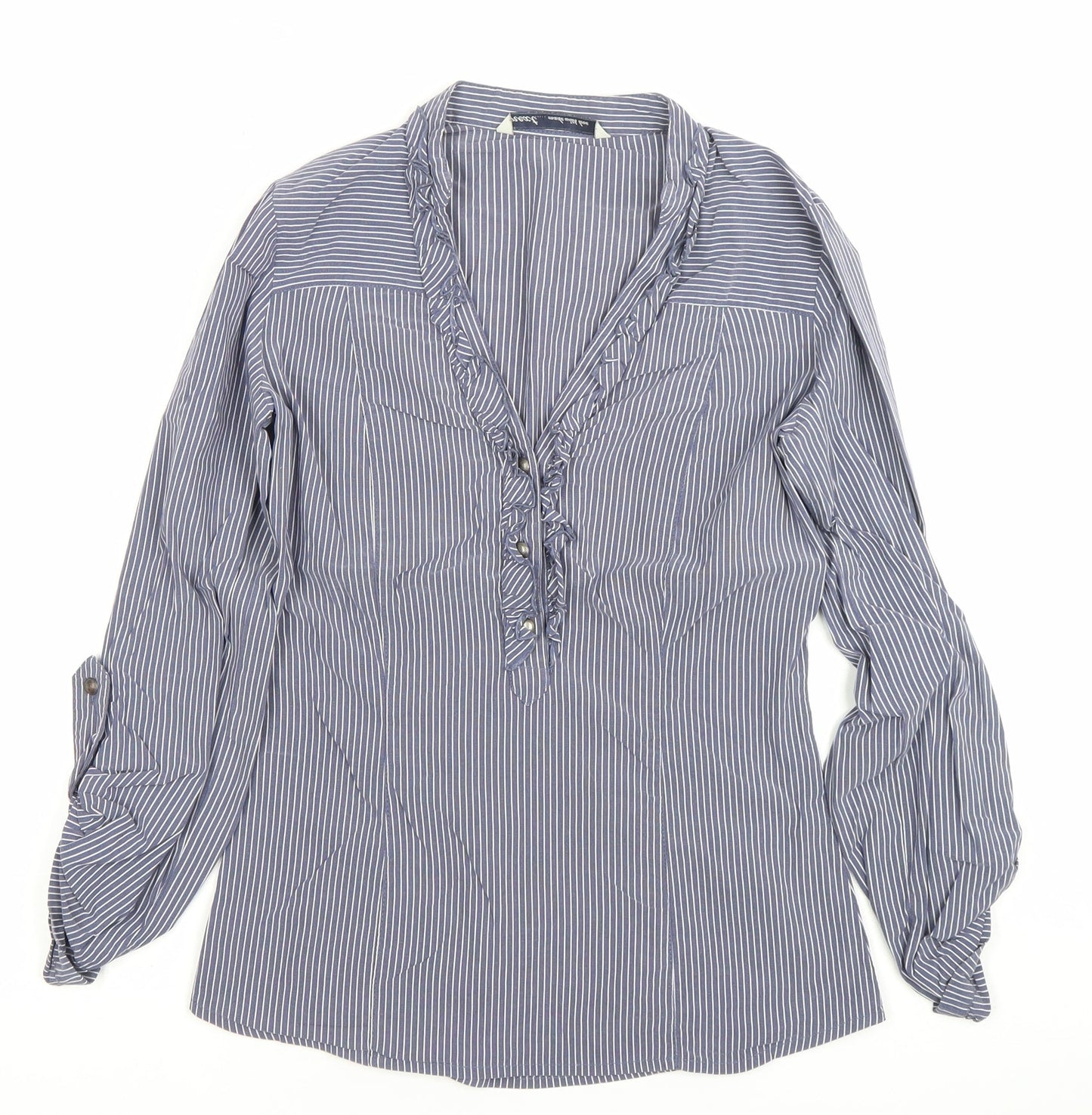 Next Women’s Blue Striped Ruffle Blouse Size 8 Long Sleeve