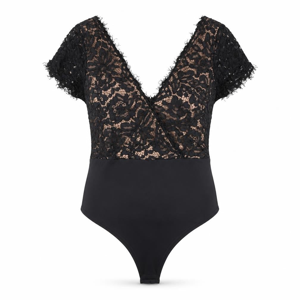 Lucy Wang Womens Black Lace V-Neck Bodysuit Size M Party Cocktail