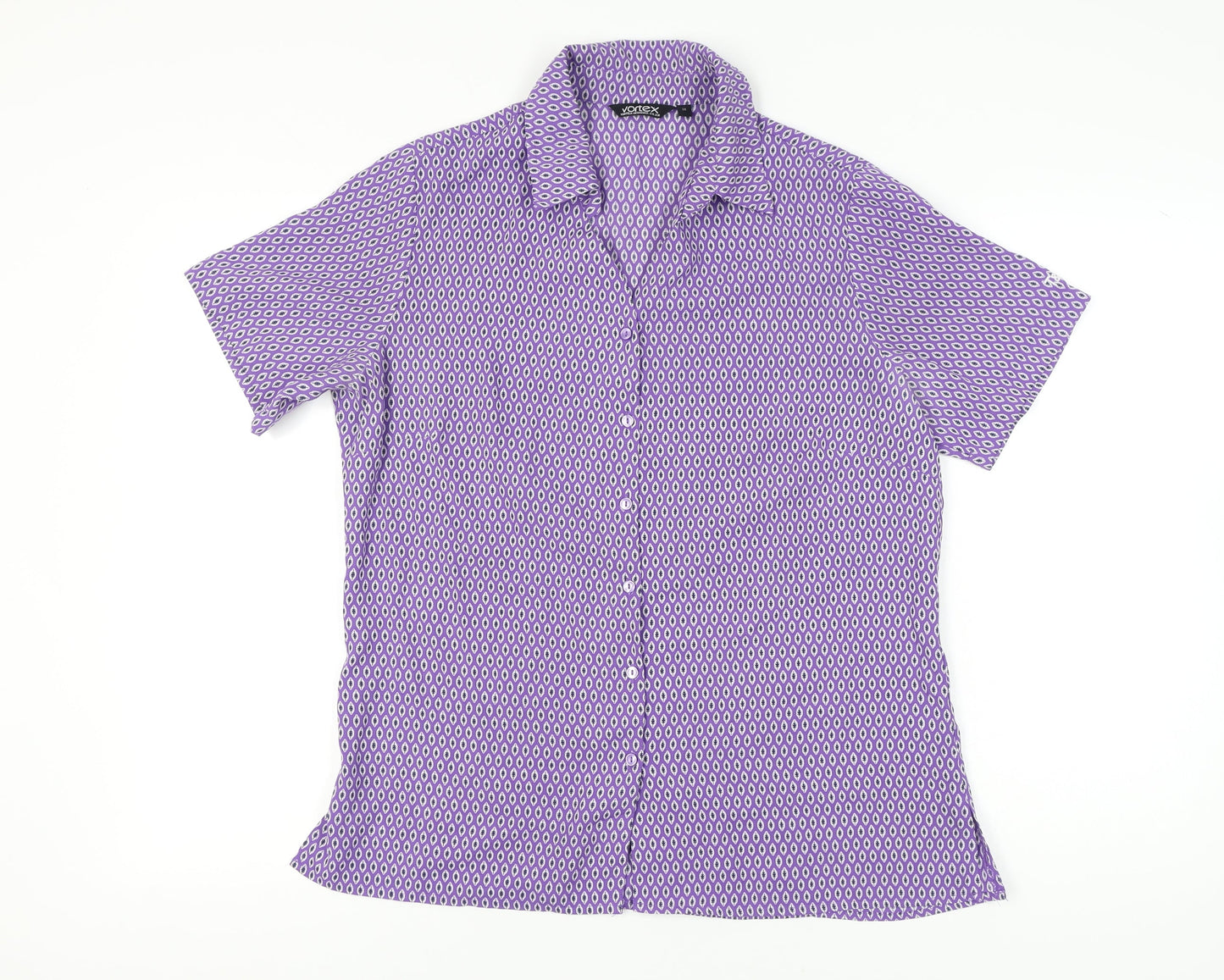 Vortex Womens Purple Geometric Button-Up Blouse Size 14 Short Sleeve
