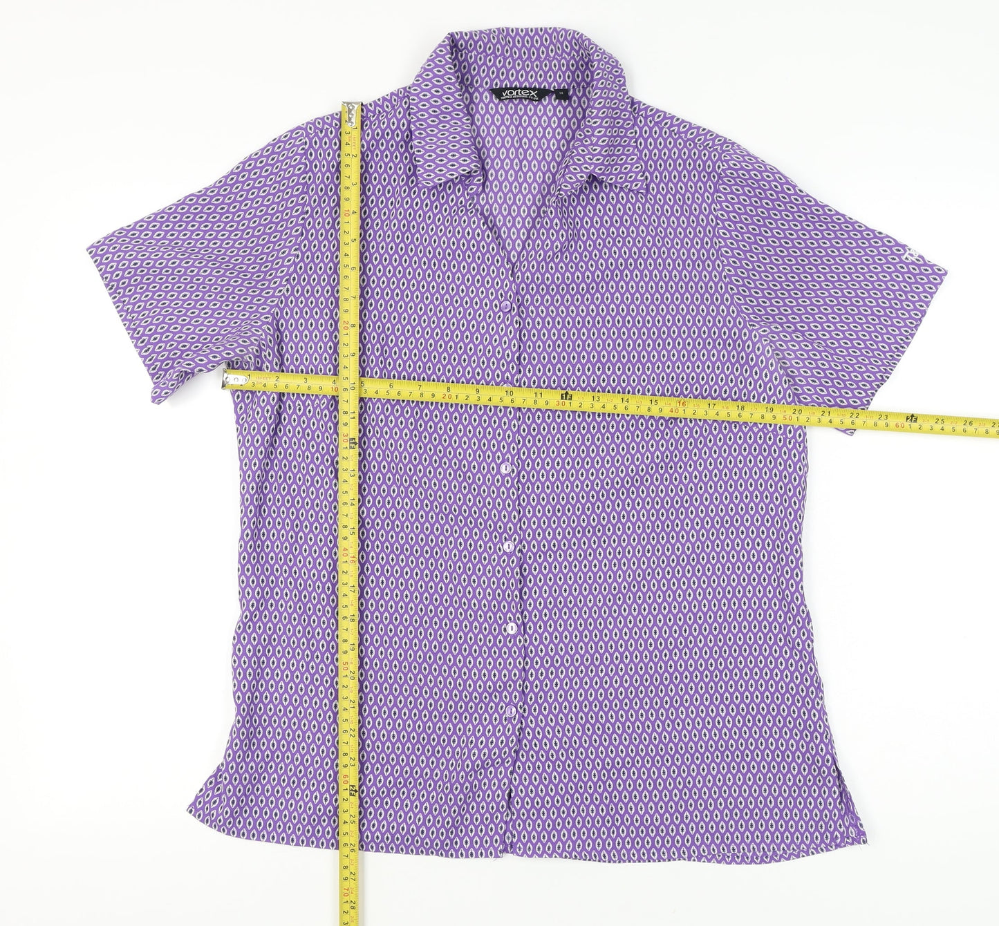 Vortex Womens Purple Geometric Button-Up Blouse Size 14 Short Sleeve