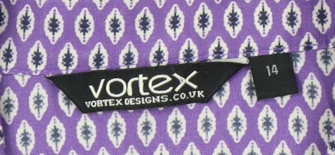 Vortex Womens Purple Geometric Button-Up Blouse Size 14 Short Sleeve