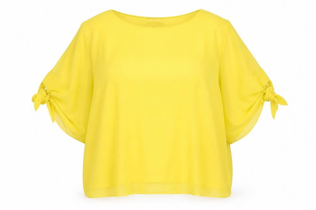 Front view of Joe Browns women’s yellow chiffon tunic blouse, size UK 12