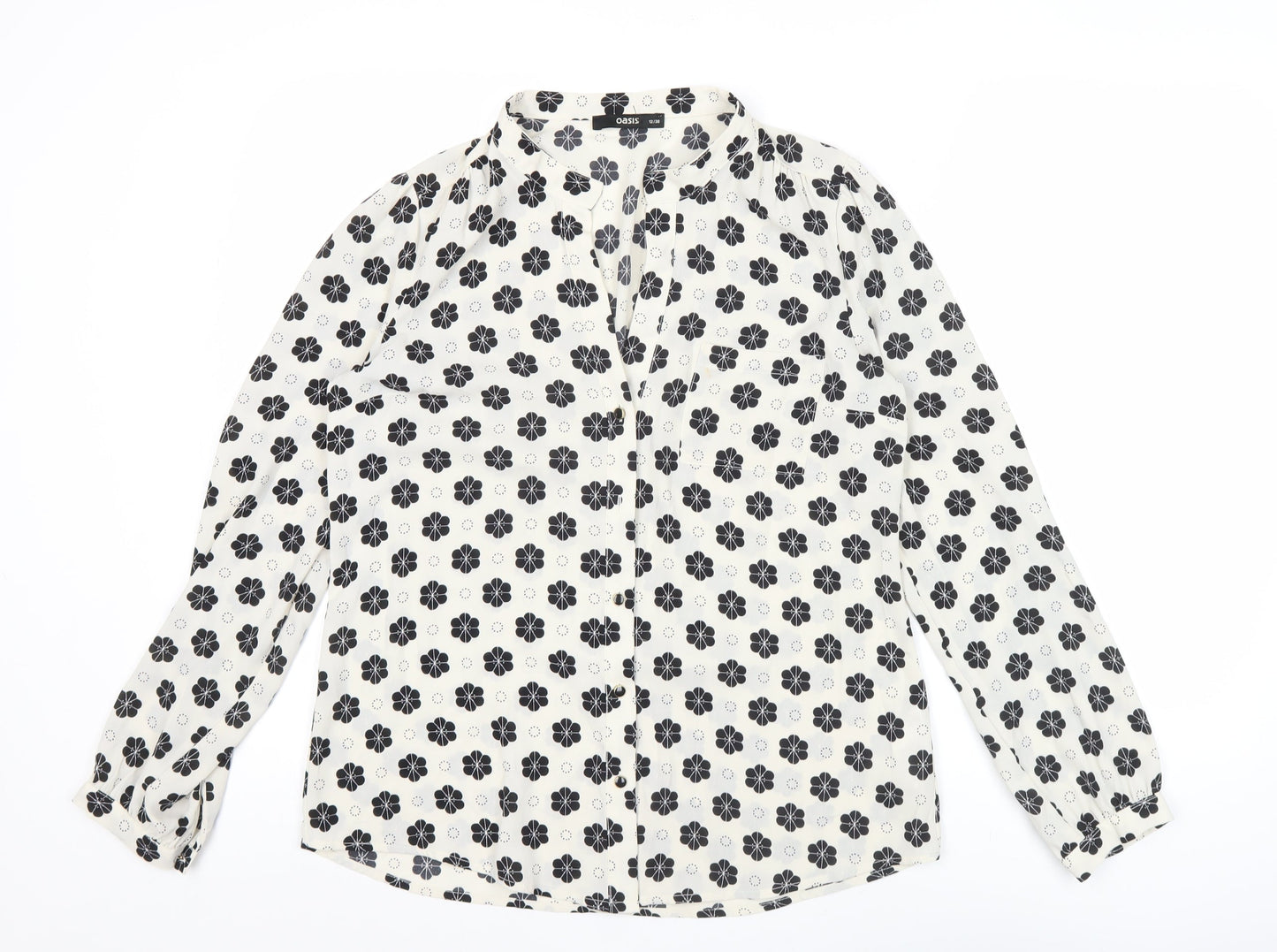 Oasis Women’s White Black Floral Blouse Size 12 Long Sleeve Tunic