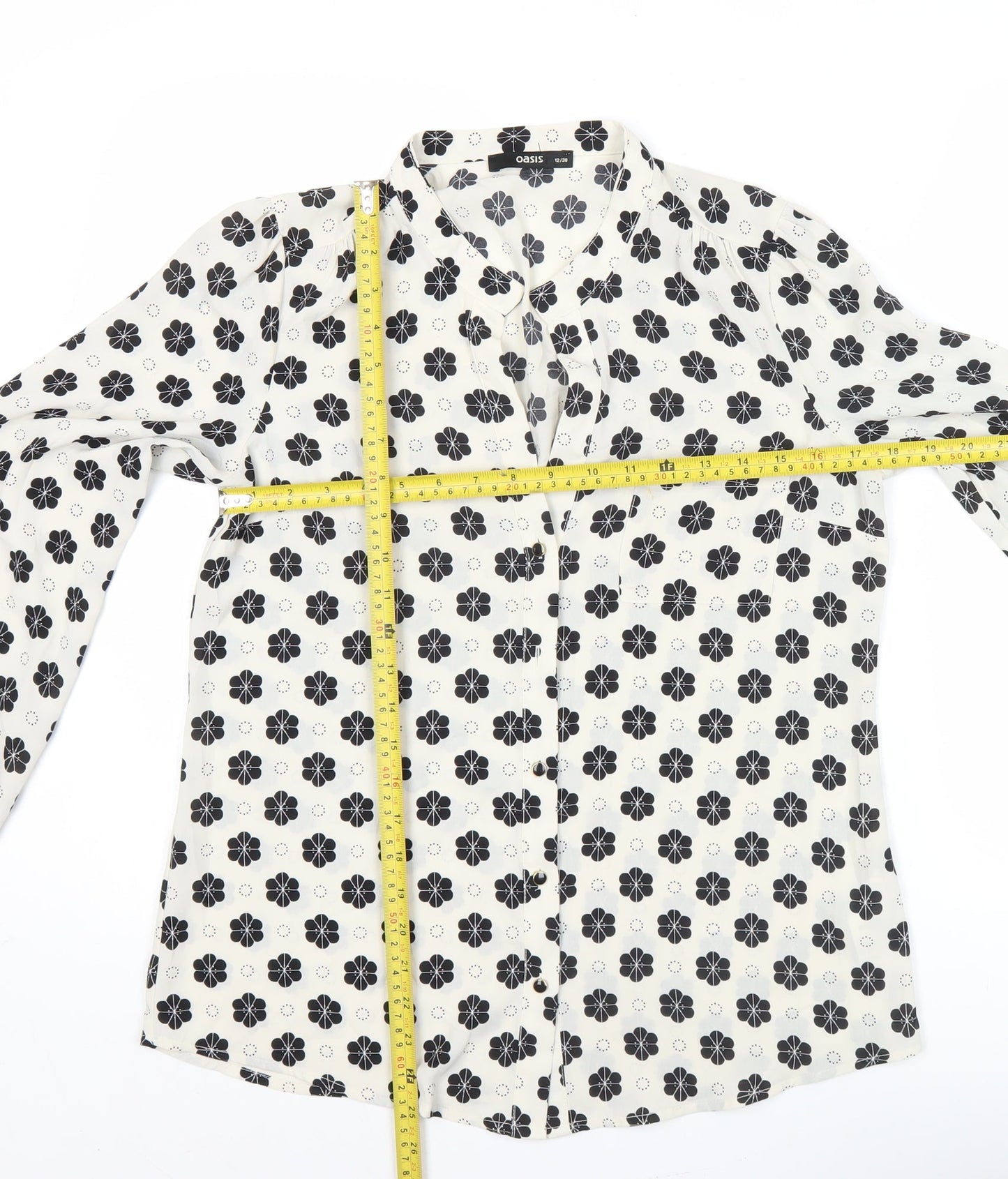 Oasis Women’s White Black Floral Blouse Size 12 Long Sleeve Tunic