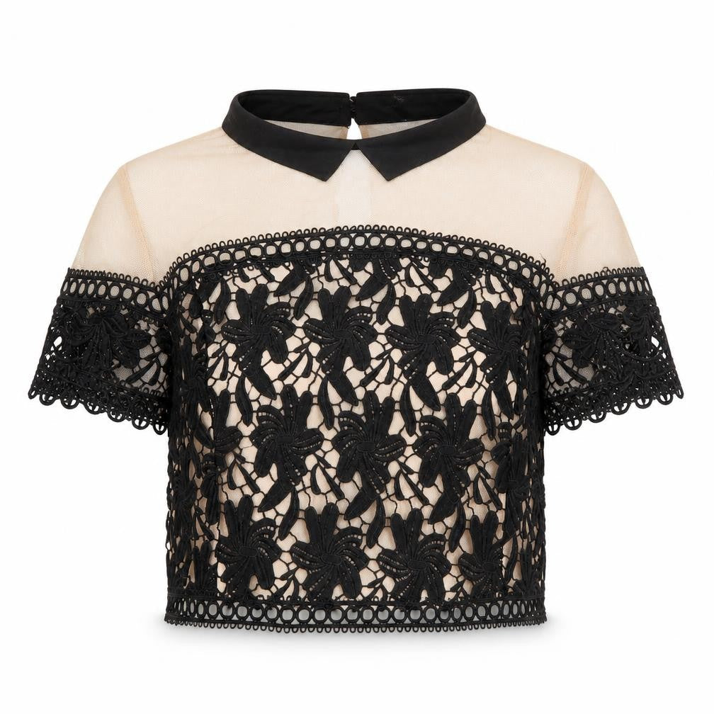 New Look Womens Black Beige Lace Cropped Blouse UK 14 Party Top