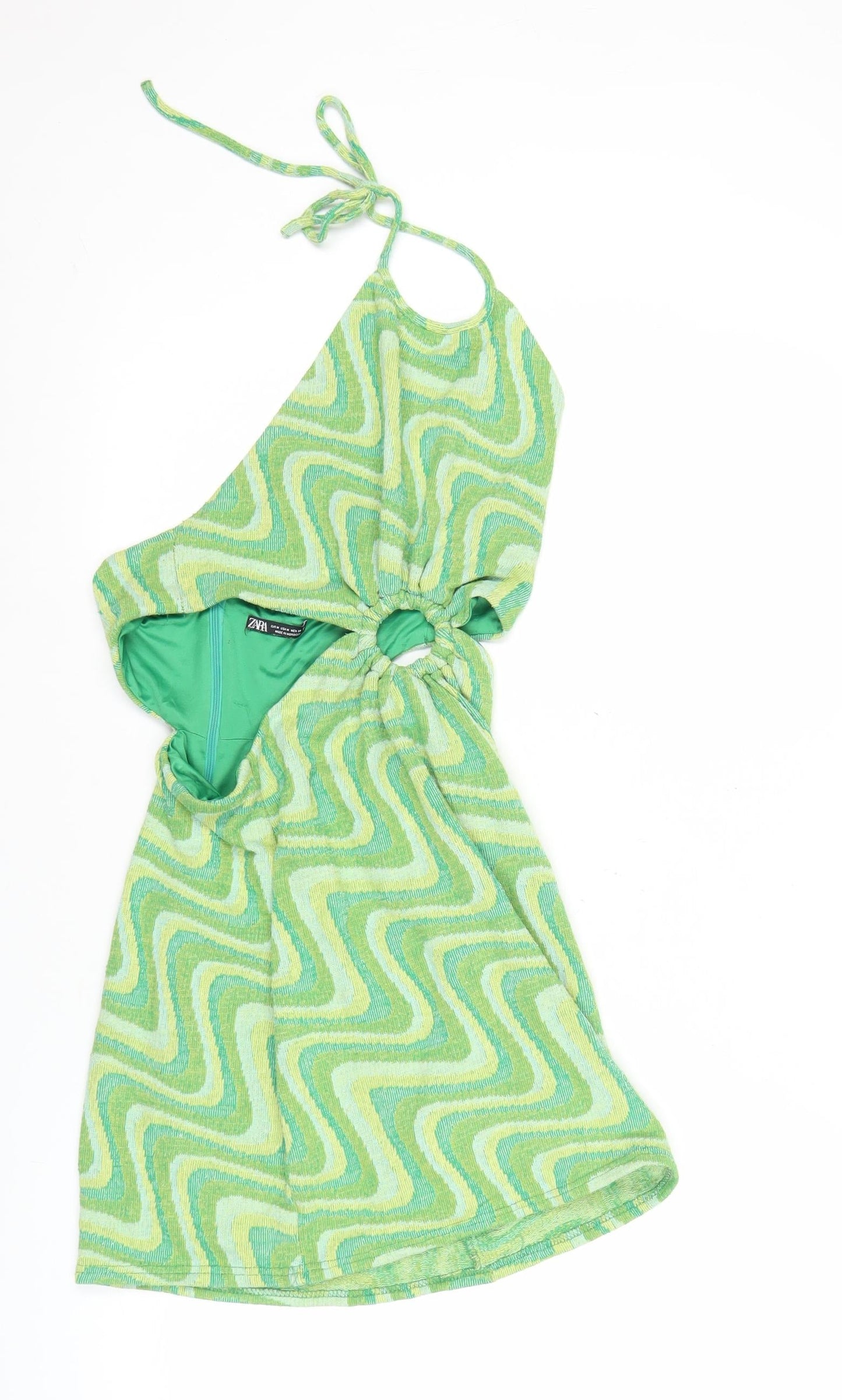 Zara Women’s Green Halter Cut Out Retro Print Short Dress Size M
