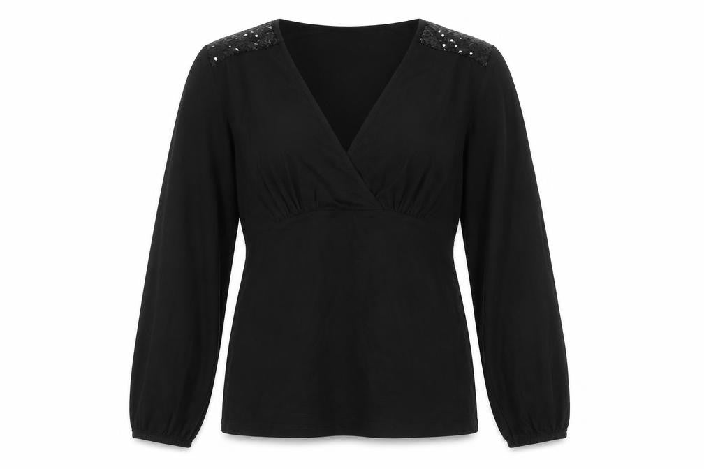 Bravissimo Womens Black Wrap Blouse Size 10 Long Sleeve Sequin Party Top