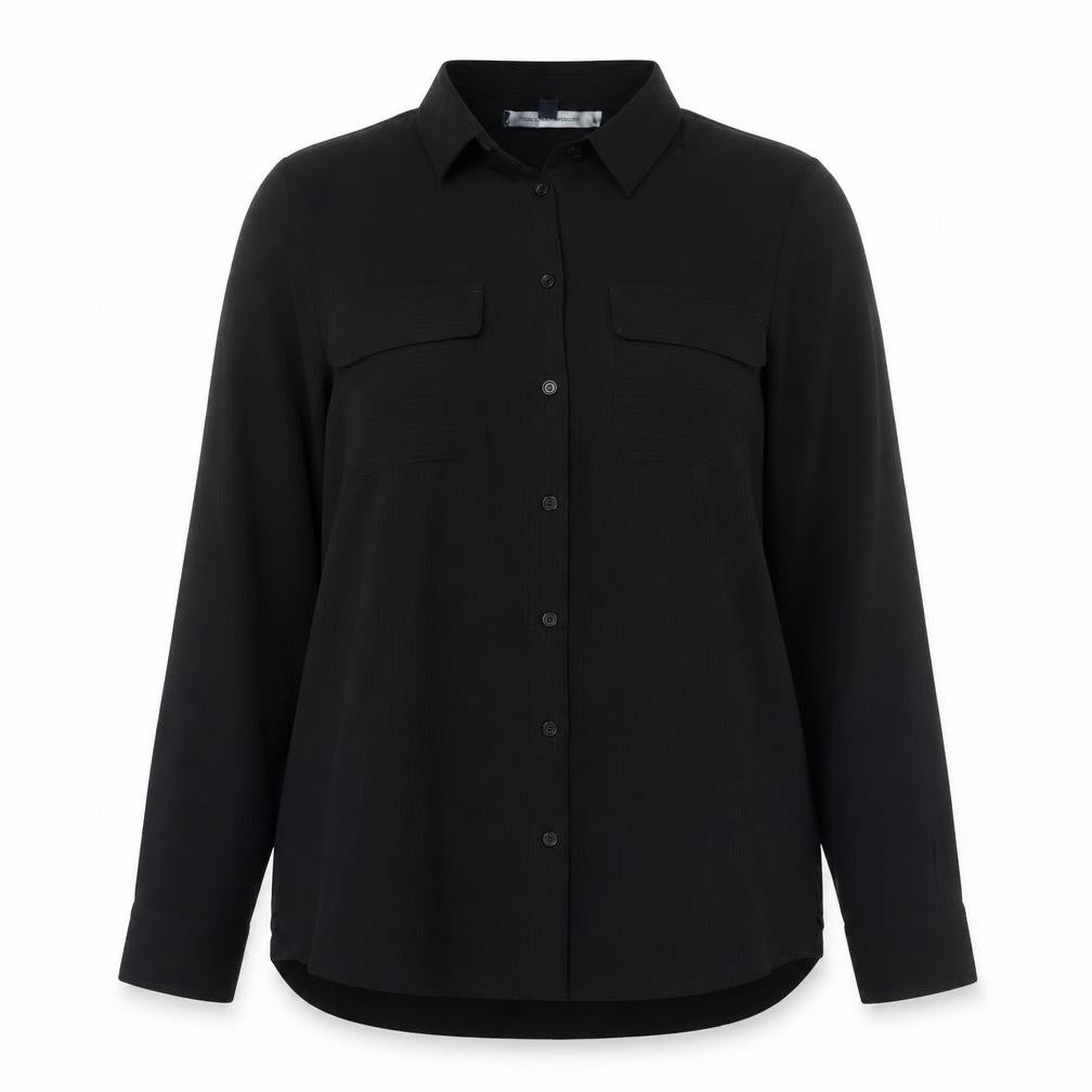 Front view of French Connection women’s black, size UK 8, button-up long sleeve shirt
