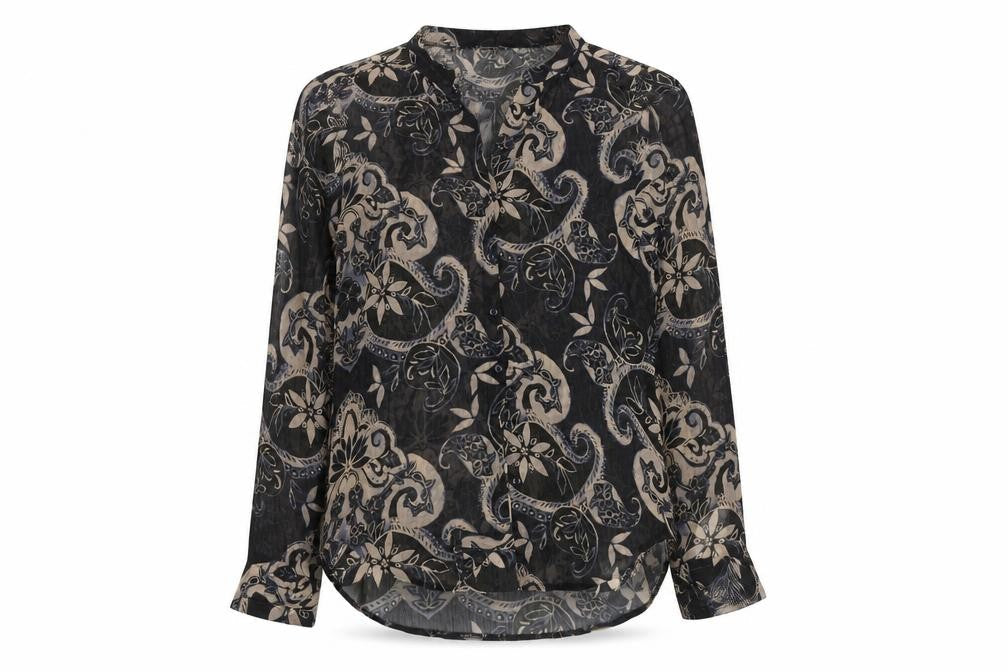 Front view of Soon women’s multicoloured paisley tunic blouse, size UK 10