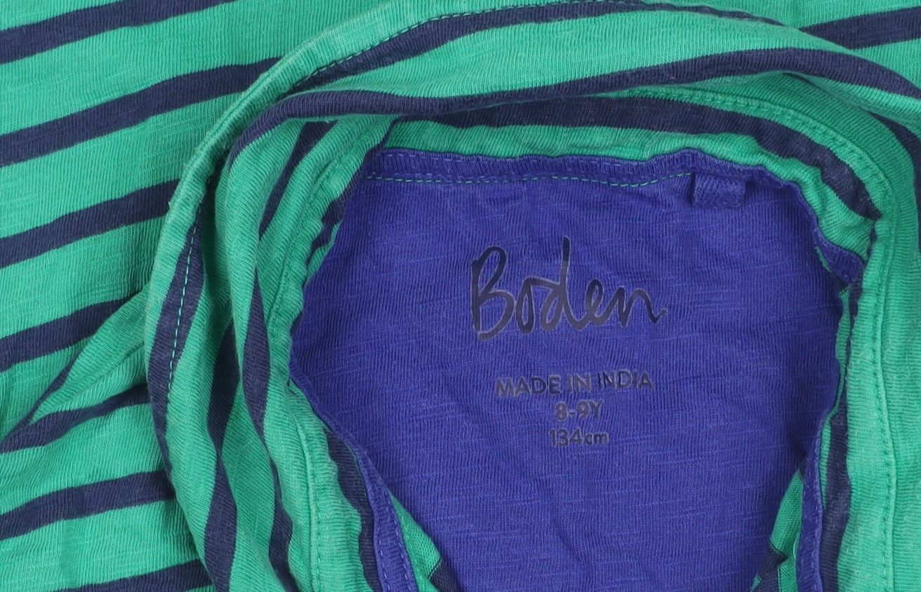 Boden Boys Green Striped Long Sleeve Polo Shirt Age 8-9 Years Cotton