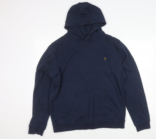 Farah Men's Blue Pullover Hoodie Size L Cotton Logo Pocket