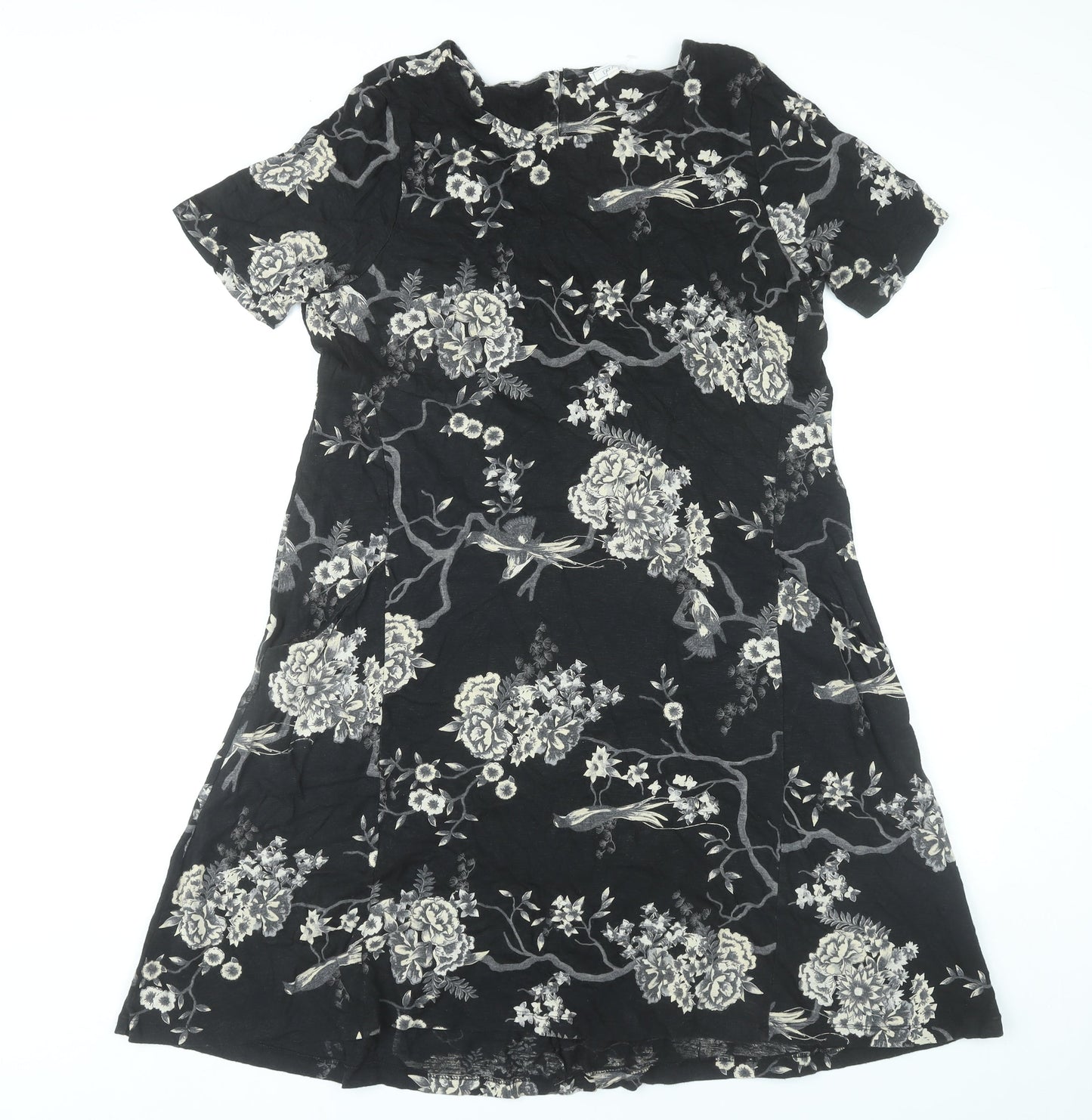 Fat Face Women’s Black Floral A-Line Dress Size 12 Short Sleeve Knee Length