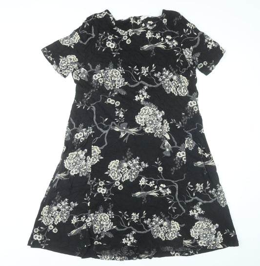 Fat Face Women’s Black Floral A-Line Dress Size 12 Short Sleeve Knee Length