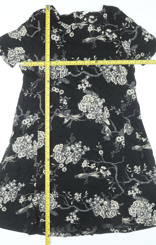 Fat Face Women’s Black Floral A-Line Dress Size 12 Short Sleeve Knee Length