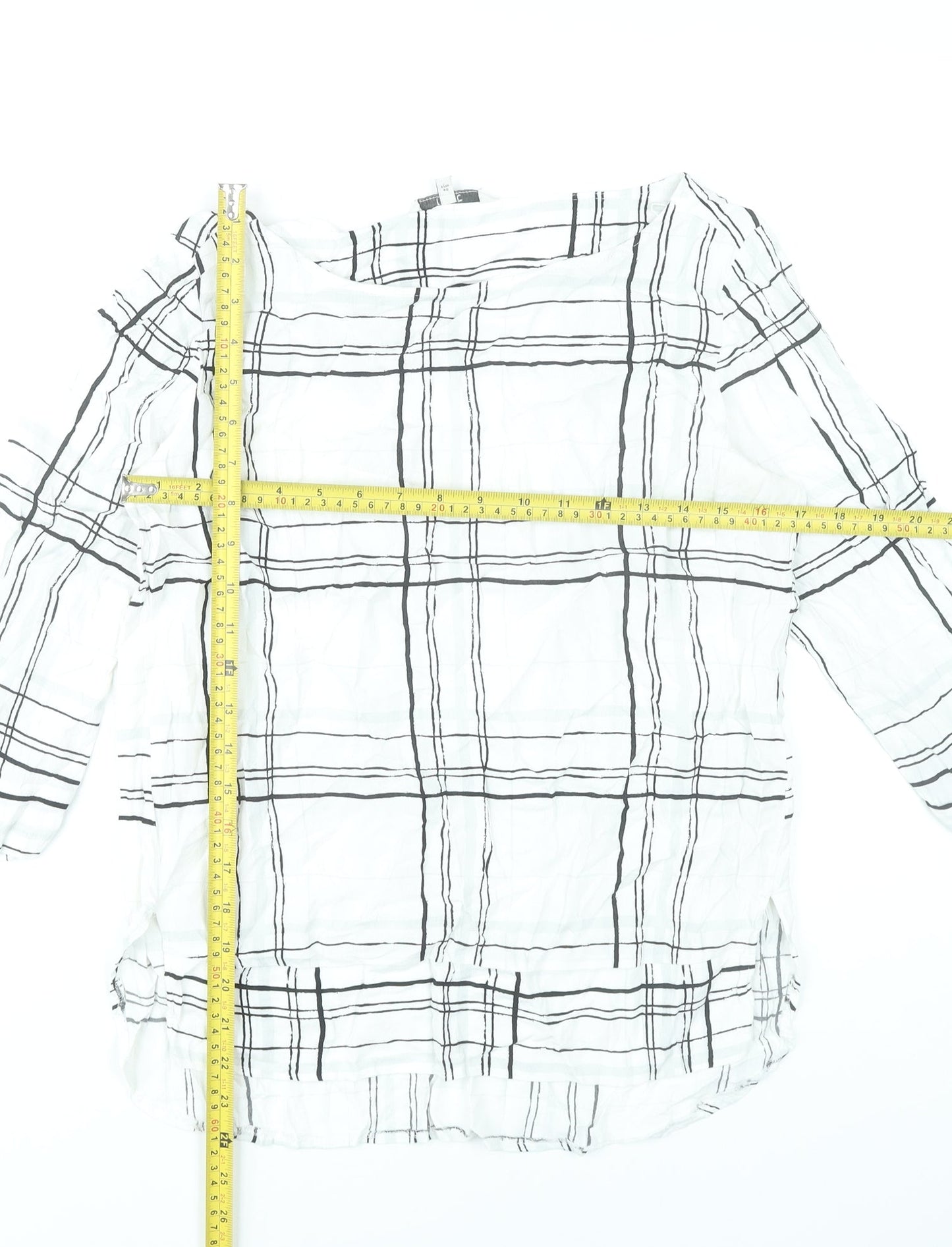 Next Womens White Black Check Blouse Size 12 Tunic 3/4 Sleeve