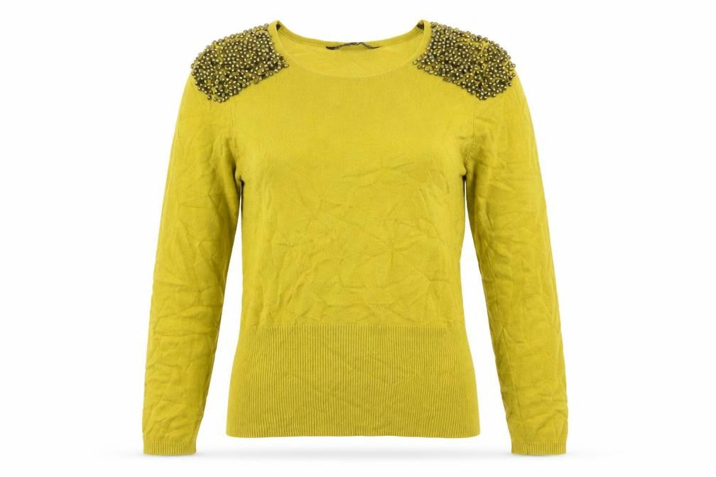 Front view of Betty Jackson Black Women’s Yellow Beaded jumper, size UK 12