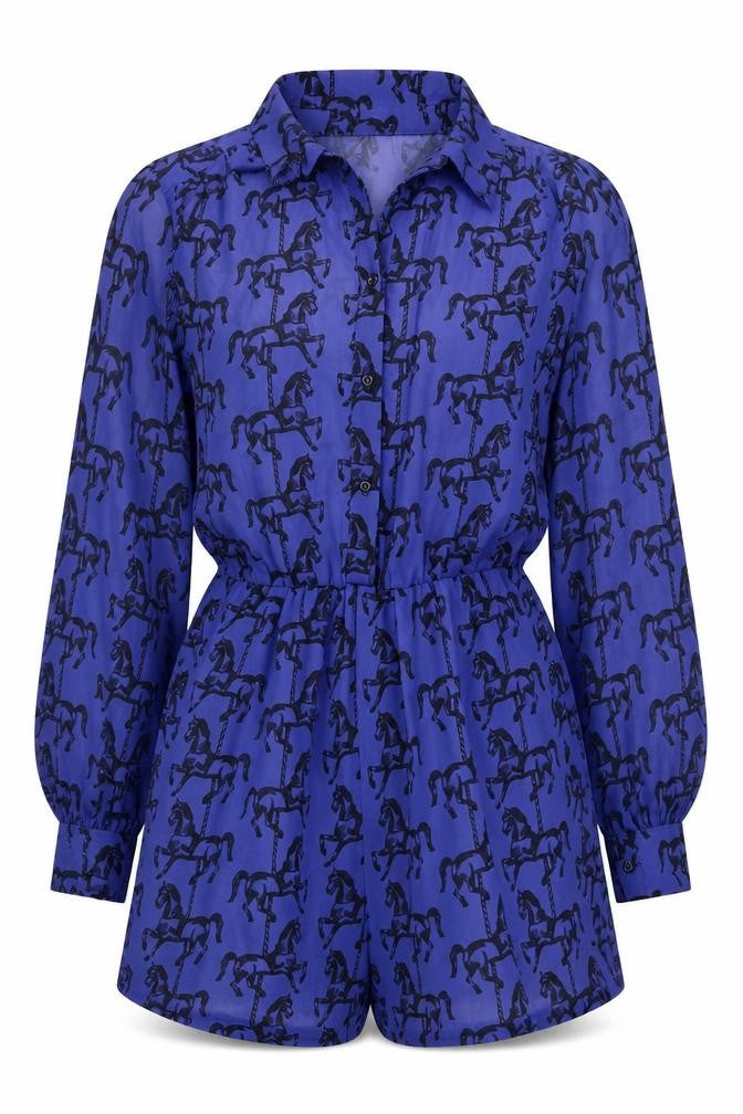 Oh My Love Women Blue Horse Print Playsuit Size S Long Sleeve