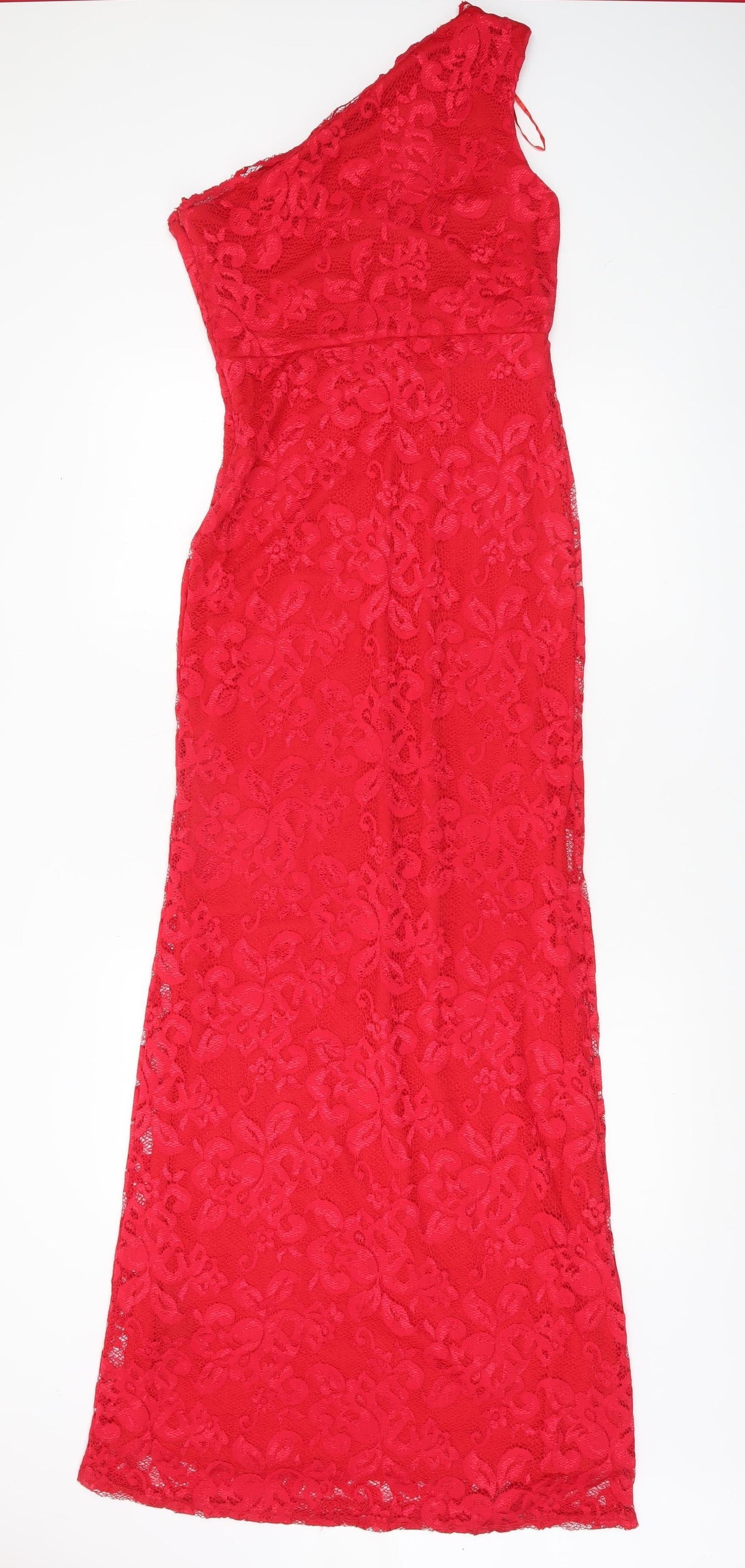 Lipsy Women’s Red Lace One Shoulder Long Sheath Dress UK 10