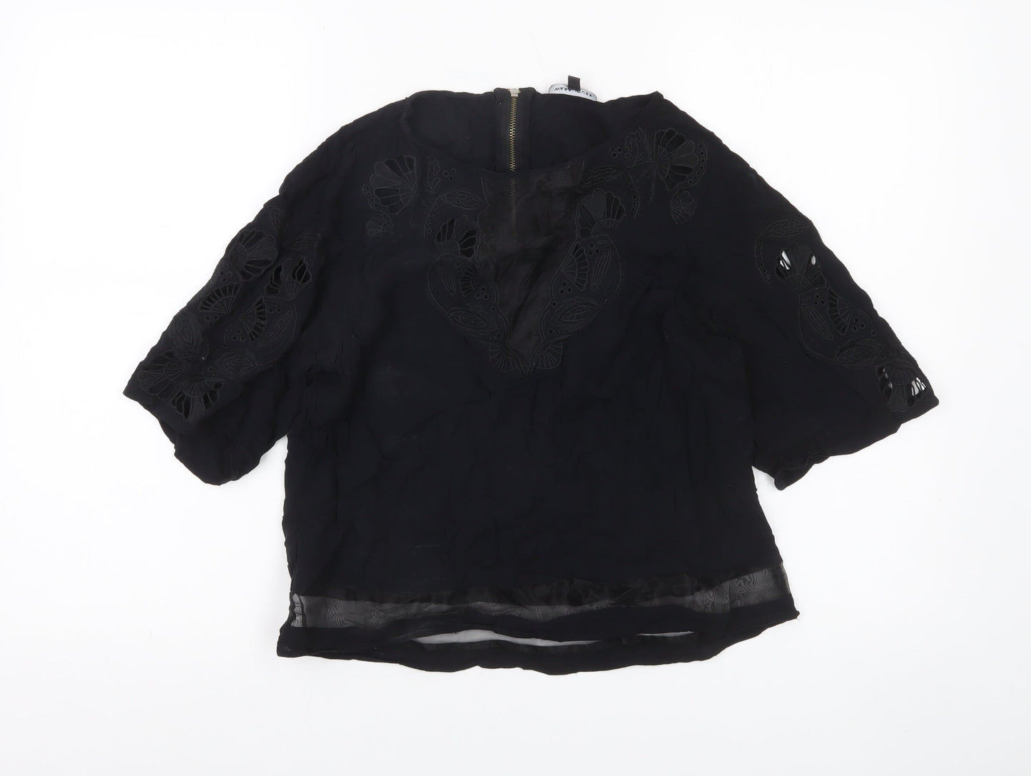 Warehouse Women's Black Embroidered 3/4 Sleeve Tunic Blouse UK 12