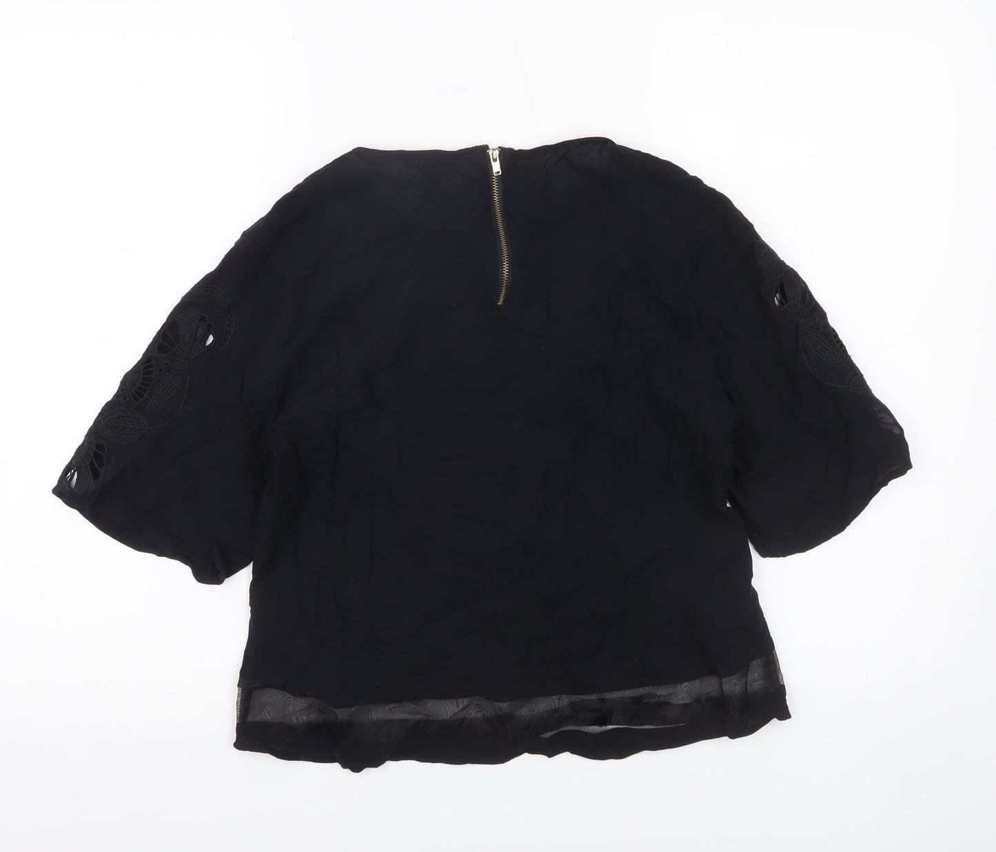 Warehouse Women's Black Embroidered 3/4 Sleeve Tunic Blouse UK 12
