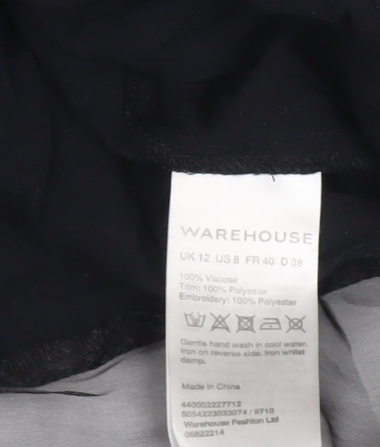 Warehouse Women's Black Embroidered 3/4 Sleeve Tunic Blouse UK 12