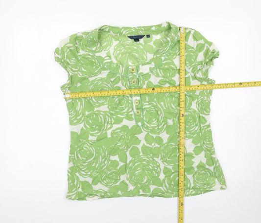 Boden Womens Green Floral Cotton Blouse Size 16 Short Sleeve