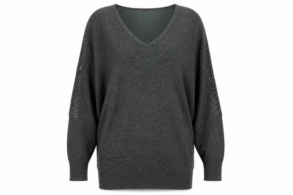 Next Womens Green Jumper Size 12 V-Neck Pullover Studded Knit