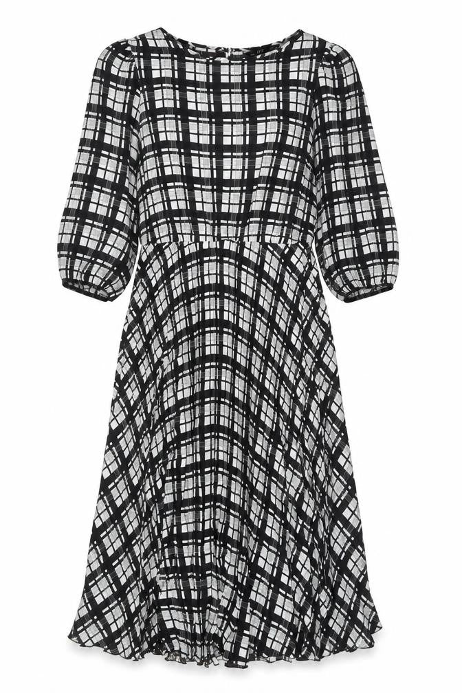 F&F Women’s Black Plaid Midi Dress Size 12 Puff Sleeve A-Line