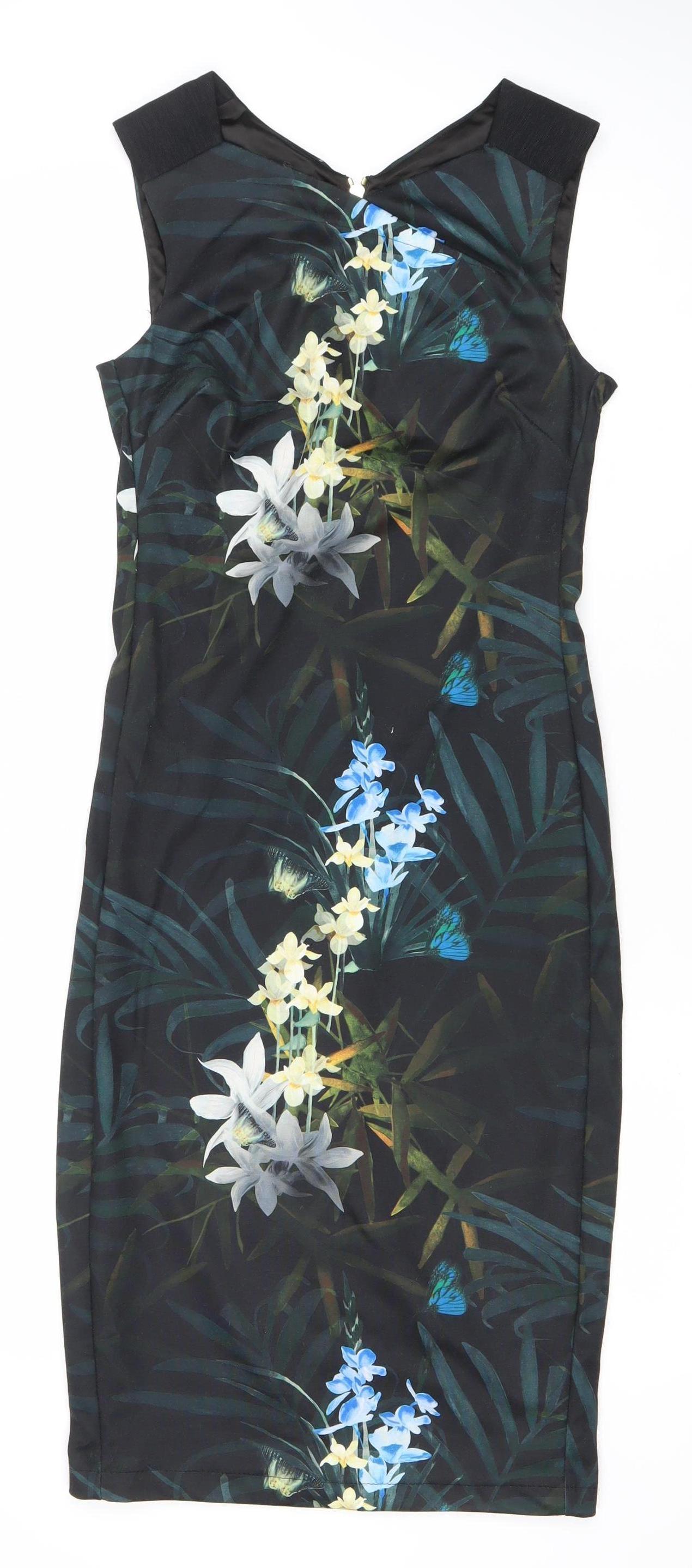 Ted Baker Women’s Black Floral Sheath Dress Size 10 Sleeveless Zip