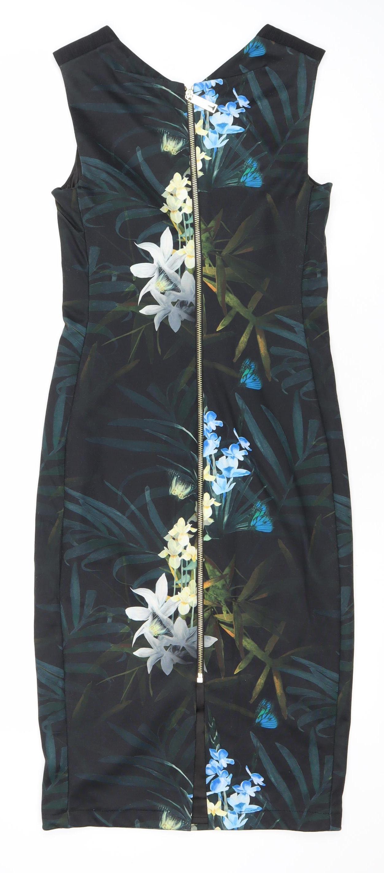 Ted Baker Women’s Black Floral Sheath Dress Size 10 Sleeveless Zip