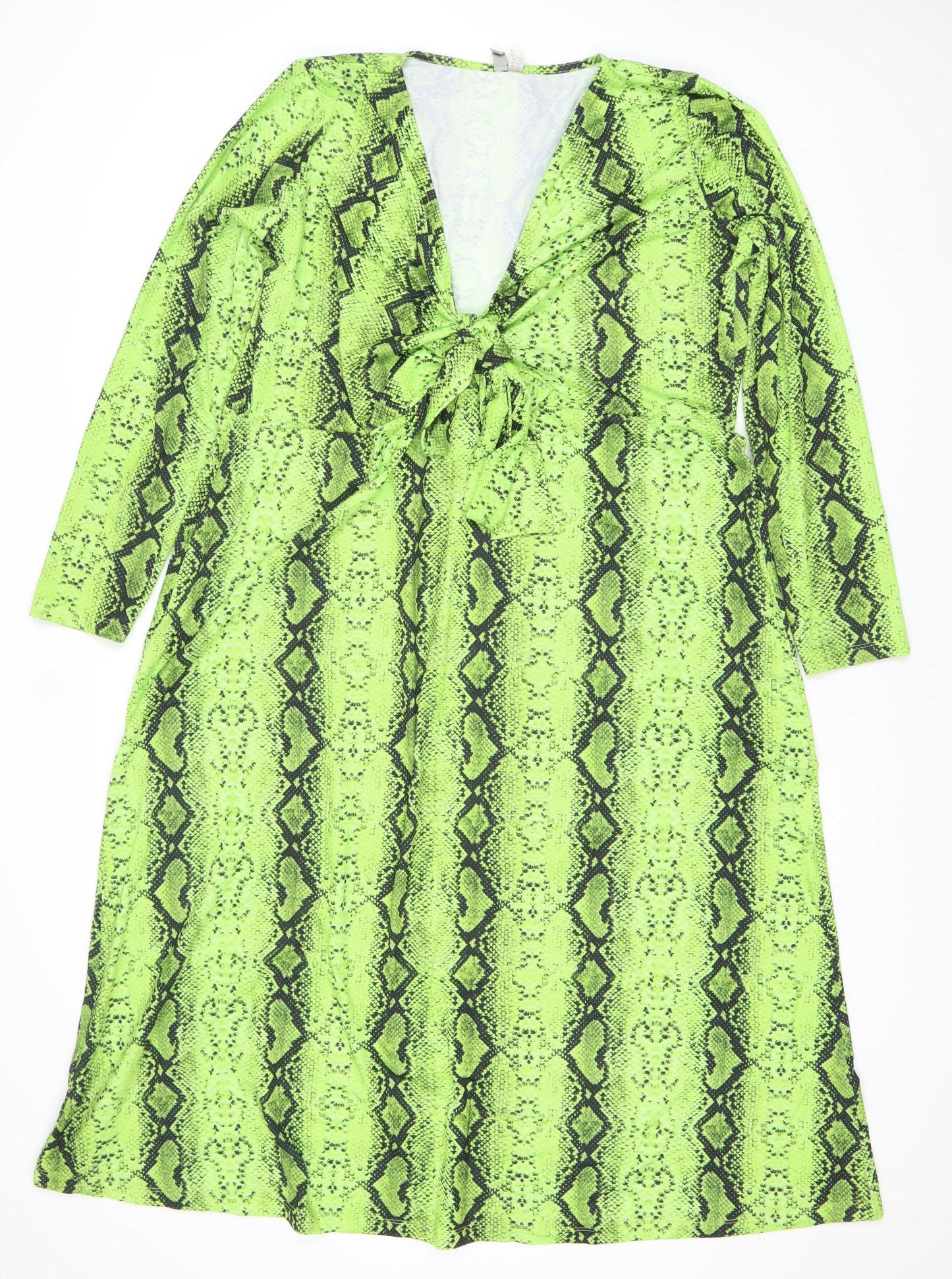 ASOS Women’s Green Snake Print Bodycon Dress Size 22 Long Sleeve V-Neck