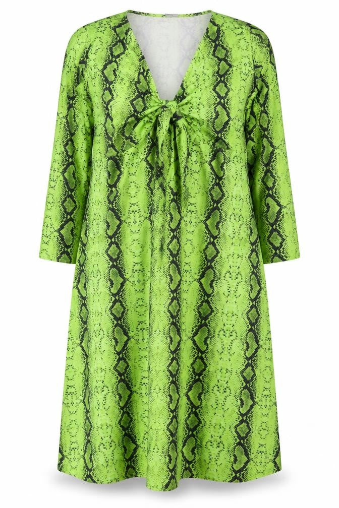 Front view of ASOS Women’s Green Snake Print Bodycon Dress, size UK 22, Long Sleeve V-Neck