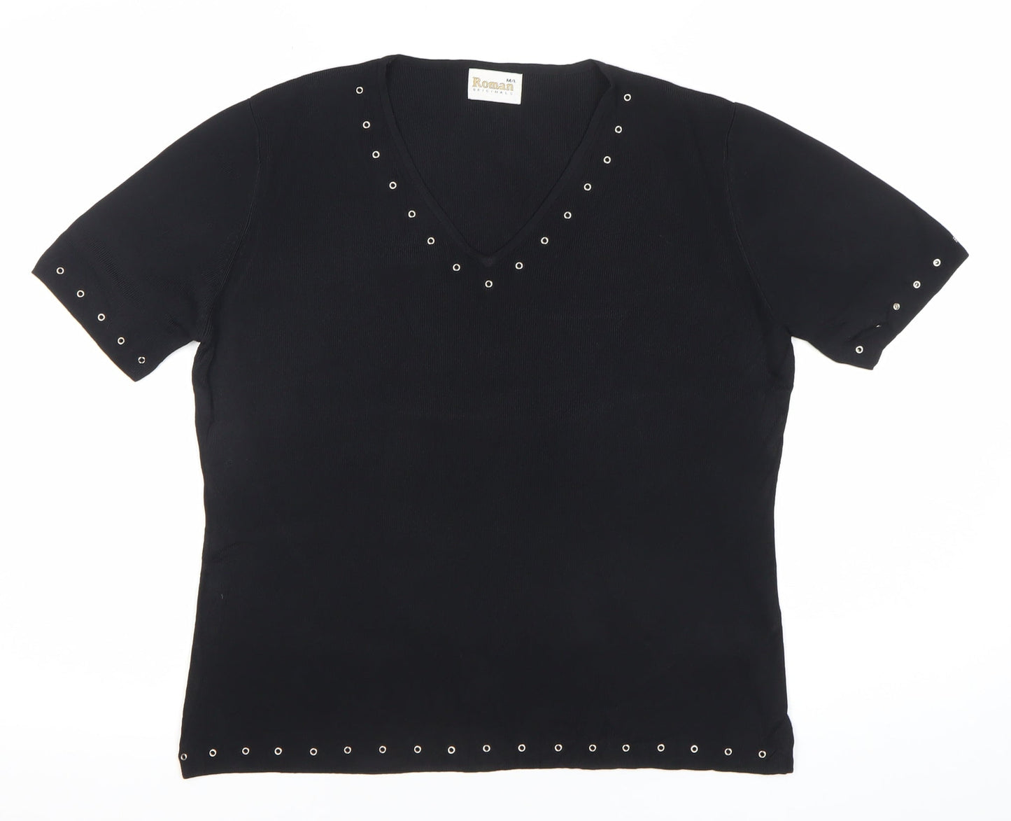 Roman Originals Womens Black Viscose Nylon Studded V-Neck T-Shirt Size M