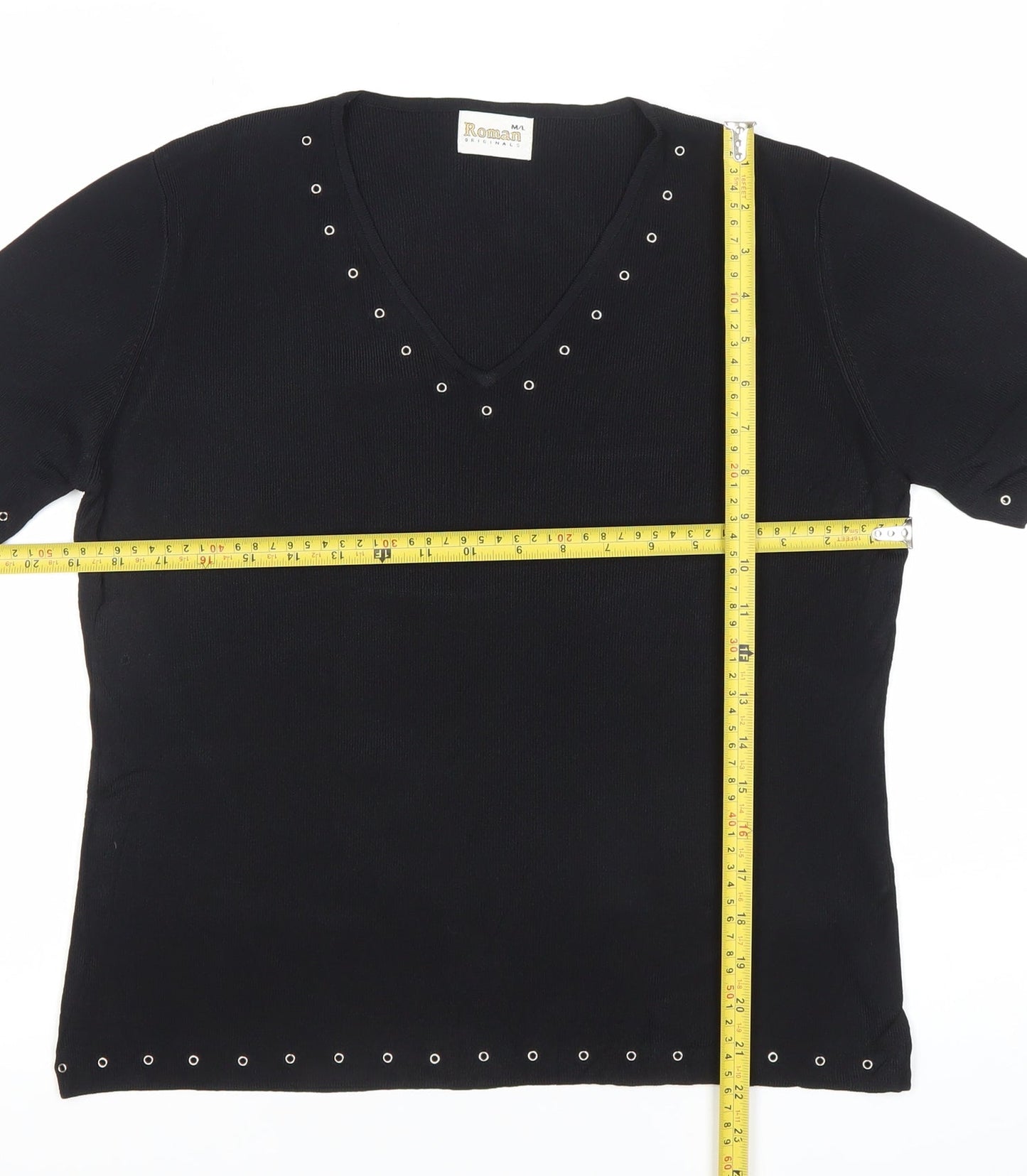 Roman Originals Womens Black Viscose Nylon Studded V-Neck T-Shirt Size M