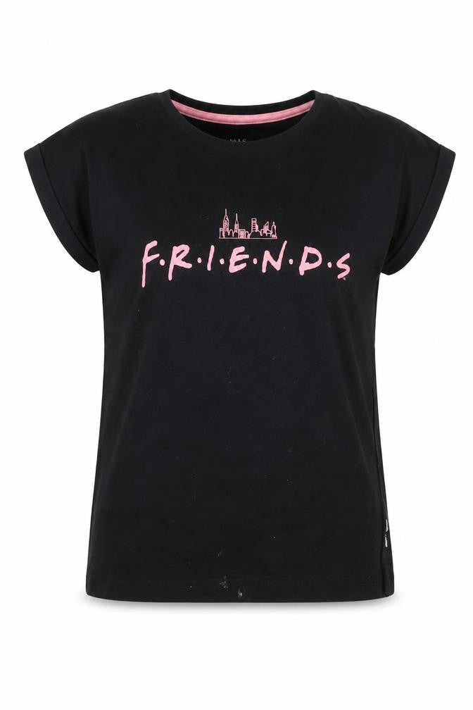 Front view of Marks & Spencer girls’ black friends logo t-shirt 8-9 years short sleeve