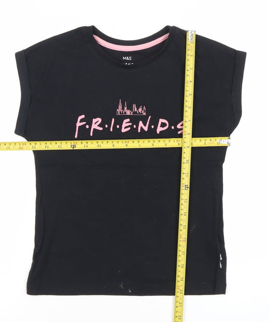 Marks and Spencer Girls Black Friends Logo T-Shirt 8-9 Years Short Sleeve