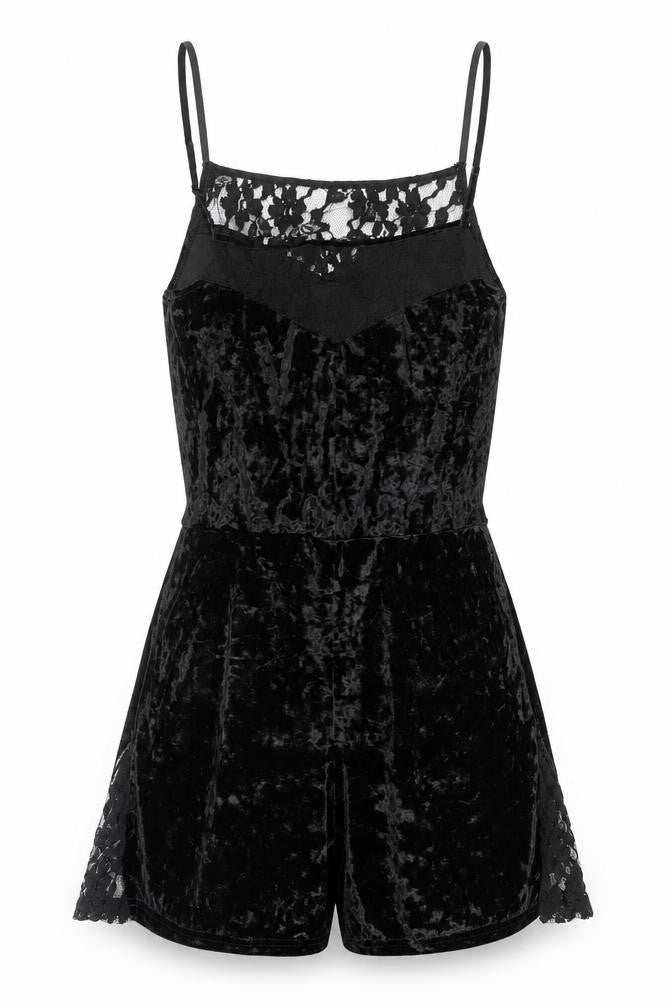 Topshop Womens Black Lace Velvet Playsuit Size 10 V-Neck Strappy