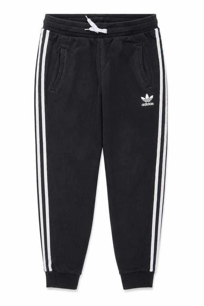 Front view of Adidas boys’ black 13-14y jogger track pants with side stripes