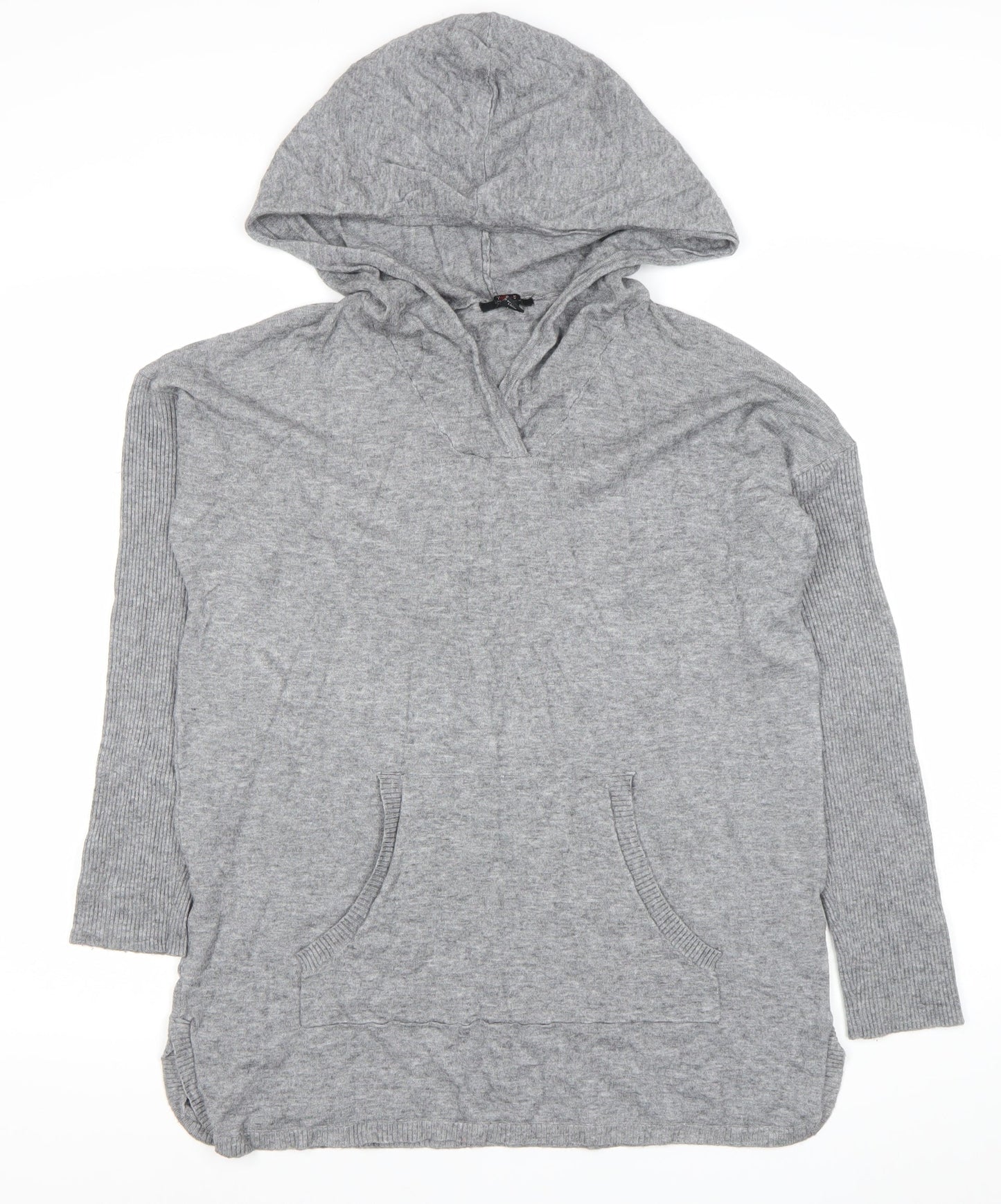 Cyrus Women’s Grey Knit Hooded Tunic Jumper Size M V-Neck Pockets