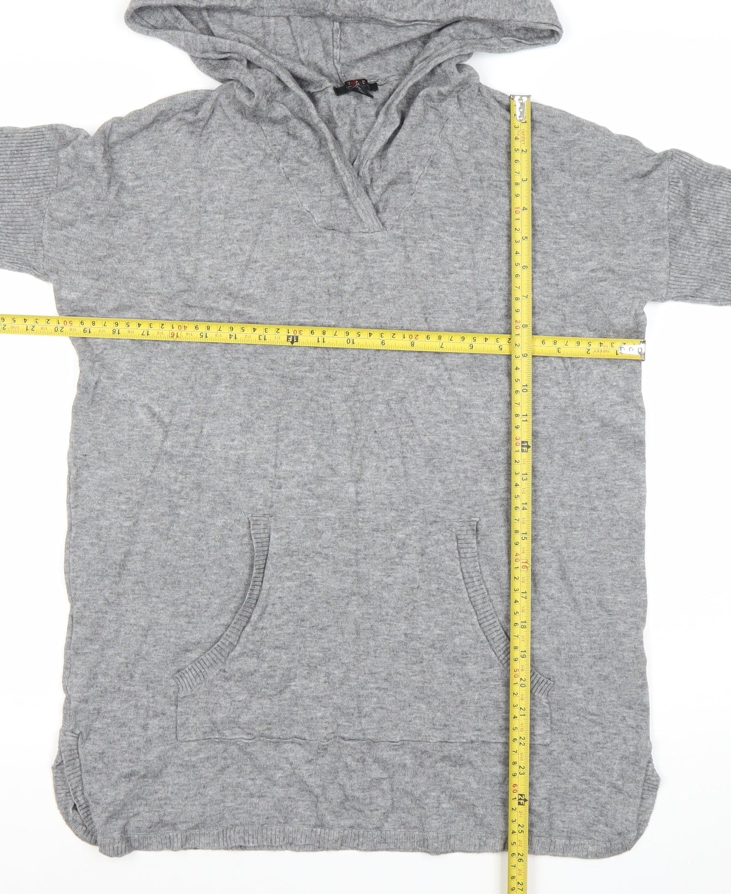 Cyrus Women’s Grey Knit Hooded Tunic Jumper Size M V-Neck Pockets
