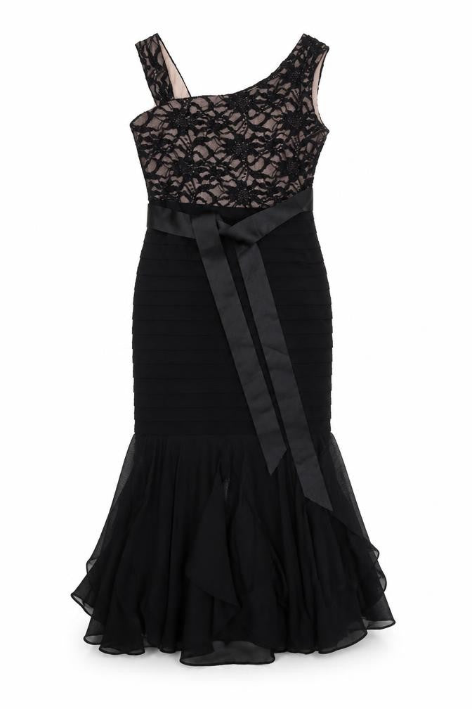 R&M Richards Women Black Lace One Shoulder Midi Mermaid Dress Size 12
