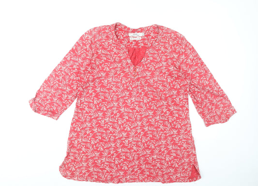 Seasalt Women Red Floral Cotton Tunic Blouse Size 14 3/4 Sleeve