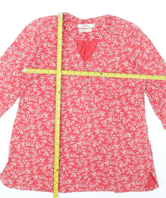 Seasalt Women Red Floral Cotton Tunic Blouse Size 14 3/4 Sleeve