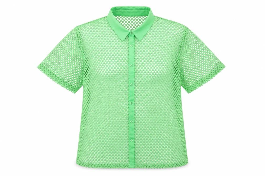PrettyLittleThing Women Green Mesh Button-Up Shirt UK 14 Summer Top
