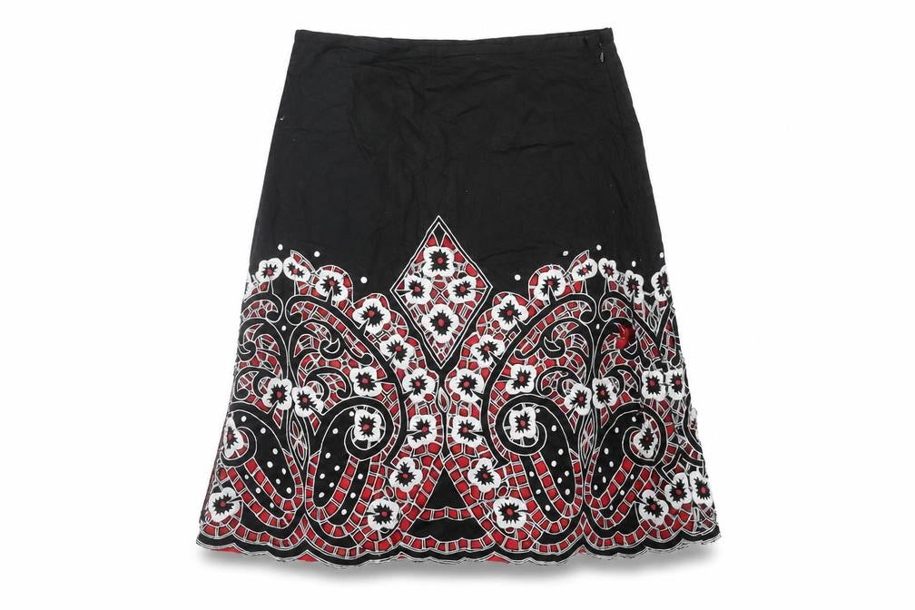 East Womens Black Cotton Floral Embroidered A-Line Skirt Size 14