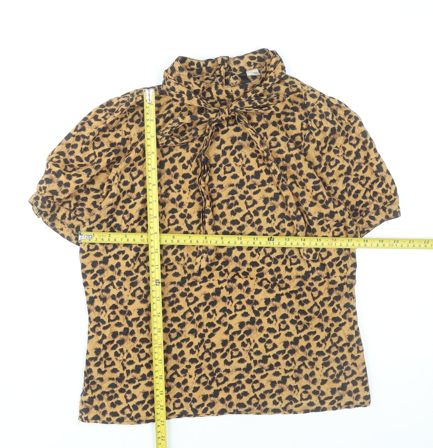 H&M Women’s Brown Leopard Print Cotton Blouse Size 12 Short Sleeve